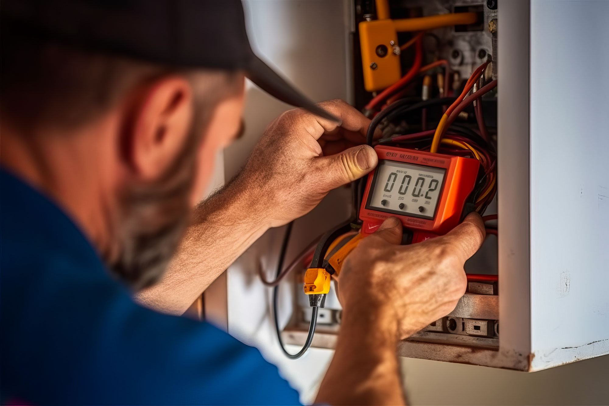 Electrician calibrating and testing an electrical panel